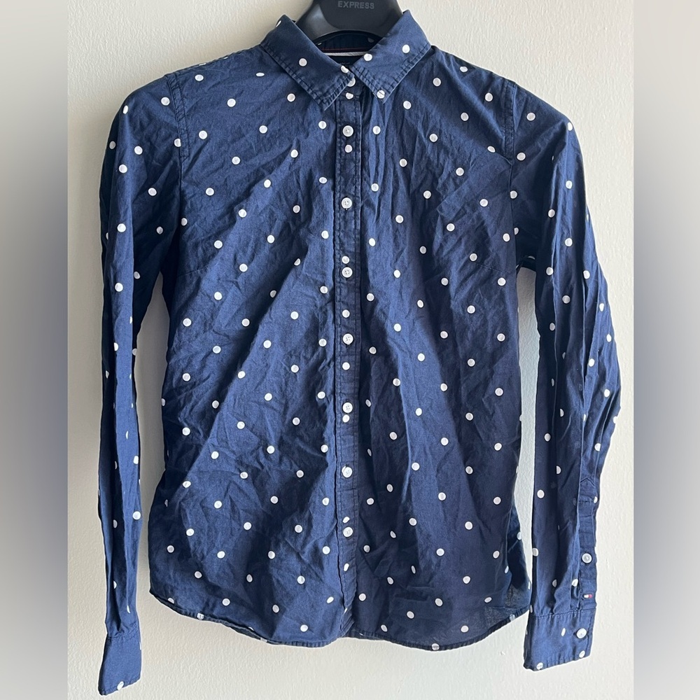 Tommy Hilfiger Navy Button-Down Shirt with White Polka Dots XS - Picture 2 of 4